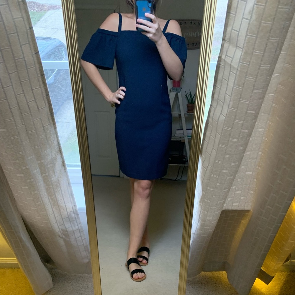 Navy blue, off the shoulders, mini dress.